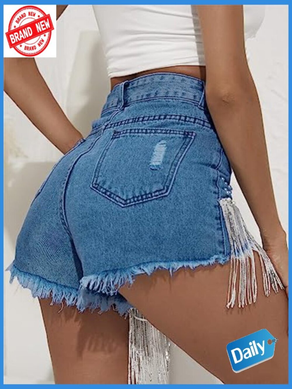 High Waisted Denim Shorts Ripped Frayed Raw Hem Tassels Jean Shorts - Picture 3 of 7
